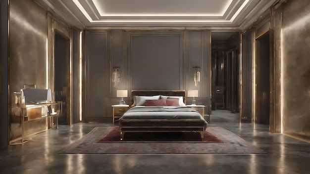 Photo 3d render of a metallic interior with spotlights