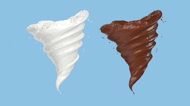 嵐の形に回転するミルクとチョコレートの3Dレンダリング。クリッピングパスが含まれています。