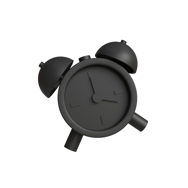 3D render miniature twin bell black alarm clock. Wake up time. Time set, timing, self organization