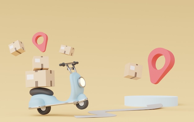 3d render of minimal cartoon of parcel delivery scooter or motorbike Online shopping and fast delivery concept