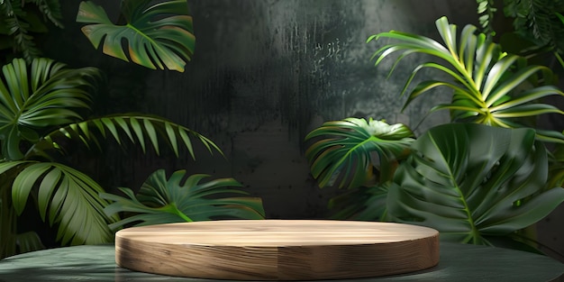 3D レンダリング: 熱帯の葉や植物を背景にしたミニマルディスプレイのポディウム
