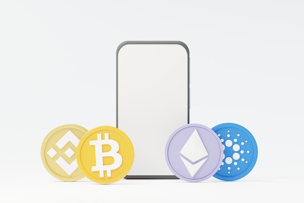 3d render minimal mini mobile phone or smartphone for work with white copy space and cryptocurrency bitcoin, ethereum, binance and ripple coins for mock up and web banner. defi crypto concept.