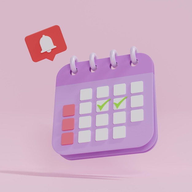 3D render minimal note icons with ringing bell Calendar date icon Check mark with notification