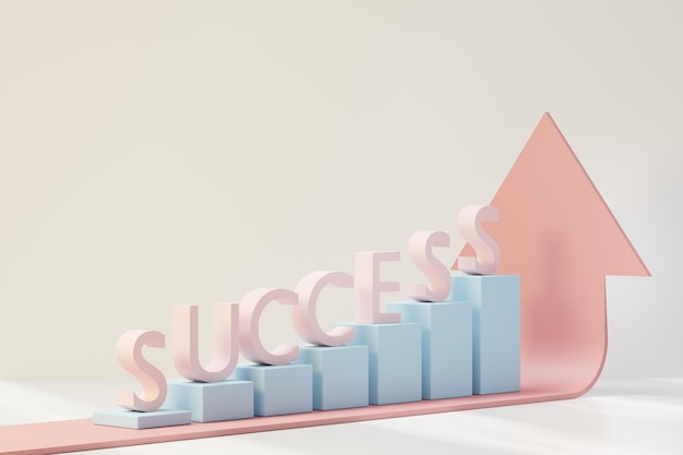 3d render of minimal pastel bar graph with success words. Scene of seo marketing design.