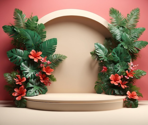 3d render of minimal product display podium with tropical leaves and flowers