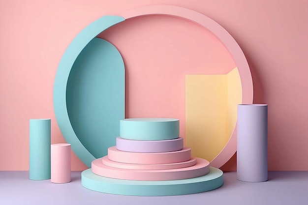 3D Render Minimal Realistic pastel Display Podium for Product Mock up or Cosmetics Presentation in colorful pastel Studio Cylinder pedestal showcase scene geometric shapes background