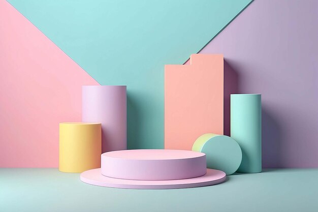 3D Render Minimal Realistic pastel Display Podium for Product Mock up or Cosmetics Presentation in colorful pastel Studio Cylinder pedestal showcase scene geometric shapes background