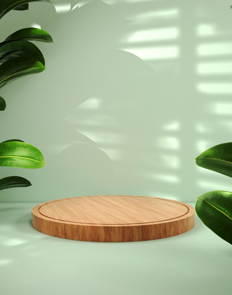 Photo 3d render minimal scenes cylinder wooden with leaf green background