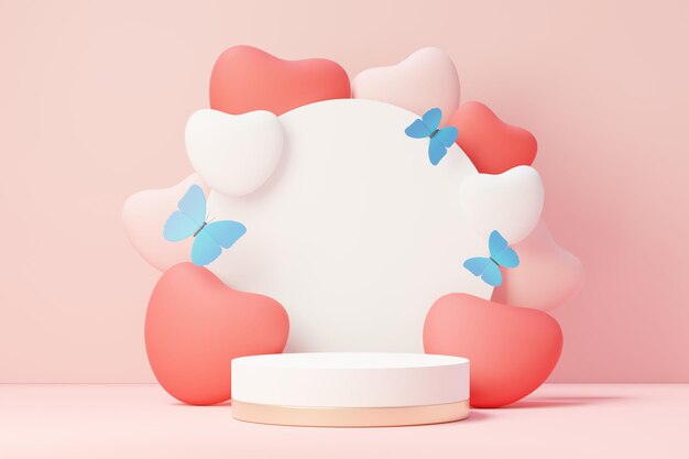 3d render minimal sweet scene with display podium for mock up and product brand presentation. Pink Pedestal stand for Valentine's Day's theme. Cute lovely heart background. Love day's design style.