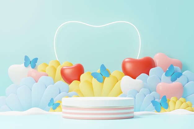 3d render minimal sweet scene with display podium for mock up and product brand presentation. Pink Pedestal stand for Valentine's Day's theme. Cute lovely heart background. Love day's design style.