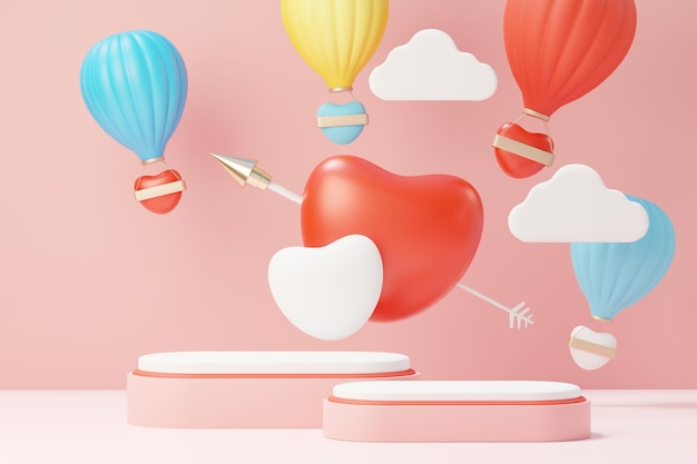 3D-рендеринг минимальной сладкой сцены с подиумом для макета и презентации бренда продукта. Розовый пьедестал на тему Дня святого Валентина. Милый прекрасный фон сердца. Стиль дизайна дня любви.