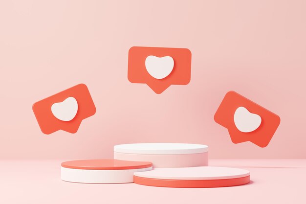 3d render minimal sweet scene with display podium for mock up and product brand presentation. pink pedestal stand for valentine's day's theme. cute lovely heart background. love day's design style.