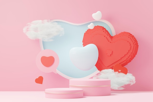 3d는 조롱 및 제품 브랜드 프레젠테이션을 위한 디스플레이 연단이 있는 최소한의 달콤한 장면을 렌더링합니다. 발렌타인 데이 테마의 핑크색 받침대. 귀여운 사랑스러운 하트 배경입니다. 러브데이의 디자인 스타일.