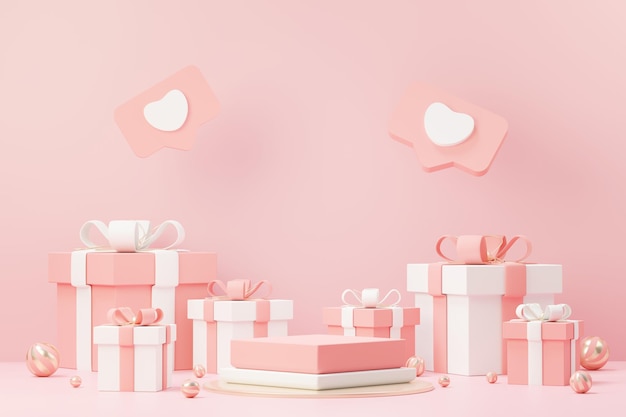 モックアップと製品ブランドのプレゼンテーションのためのディスプレイ表彰台を備えた3Dレンダリングの最小限の甘いシーンバレンタインデーのテーマのためのピンクの台座スタンドかわいい素敵なハートの背景愛の日のデザインスタイル