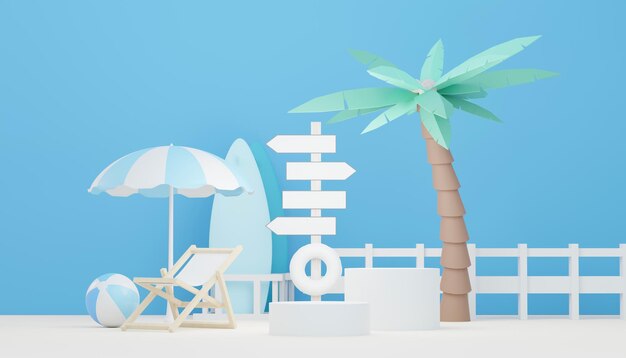 3D render minimale podium achtergrond voor show en verkoop producten Hallo zomerseizoen scène ontwerpconcept abstracte leeg voetstuk voor presentatie en reclame strandvakanties in de zomer