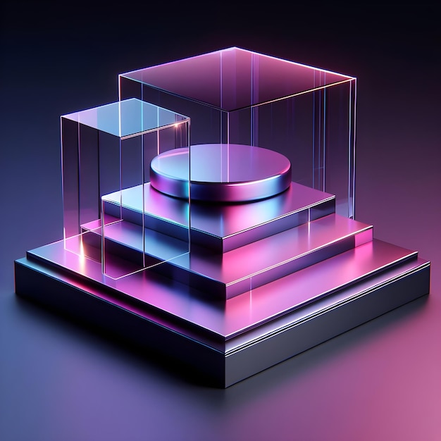 3d Render of minimalist holographic product platform in black purple color