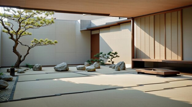 3d render minimalist of japanese room of zen garden