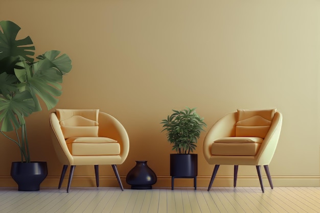 미니멀리즘의 3D 렌더링: 두 개의 의자, 하나에는 식물이 있고, 하나는 식물이 있습니다.