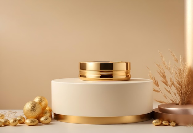 3d render minimalistische podium crème en goud voor product display 02