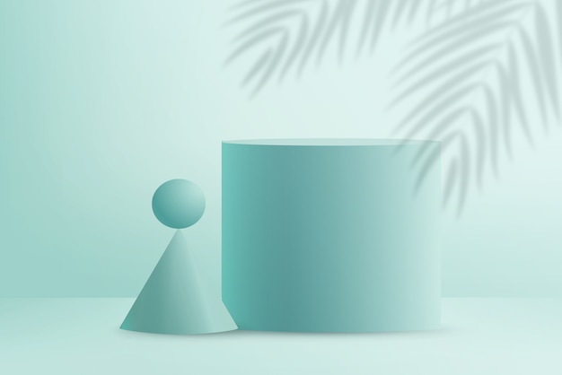 3d render mint triangle podium and ball with tropical leaf shadow on mint background