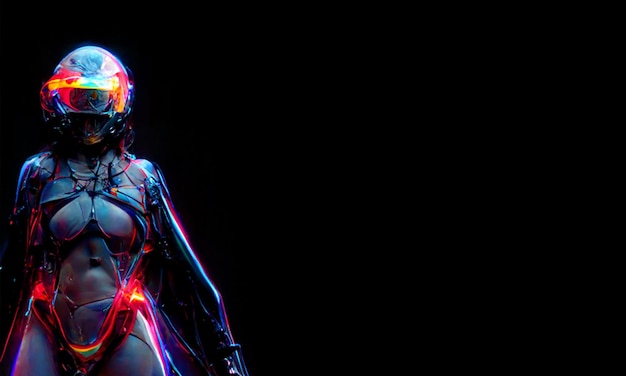 3D render mixed media cyborg woman stunning cinematic rendering of a female techno black background