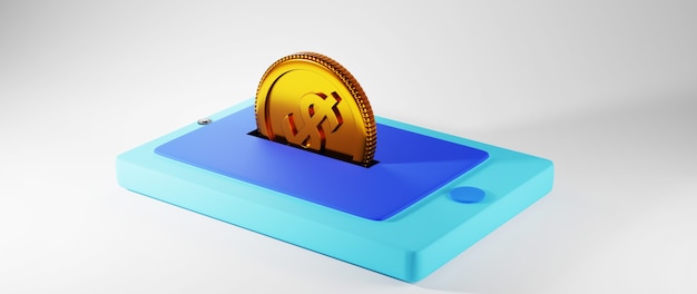 Photo 3d render of mobile and golden coins. shopping online and e-commerce on web business concept. secure online payment transaction with smartphone.