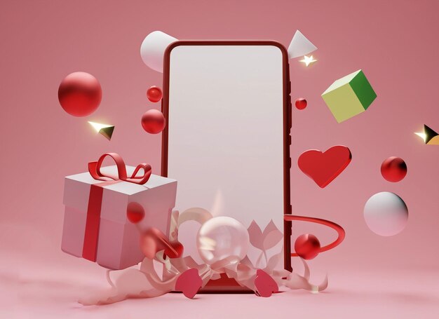 3D render mobile phonewith blank screen andfloating gift heartribbonand geometricshape