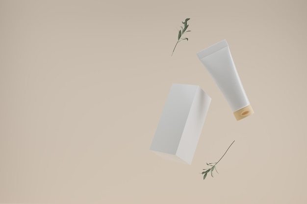 3d render Mockup bottle cream and box on beige Face skin care cosmetics