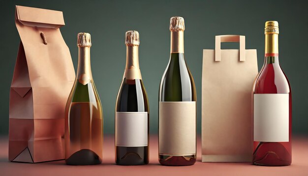 3d render mockup bottles of wine champagne with an empty label and paper bag with a place