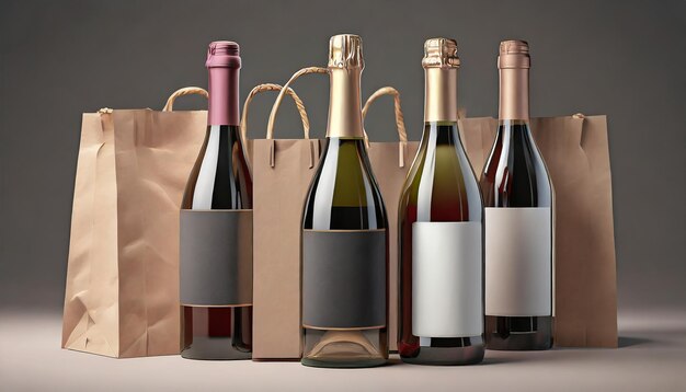 3d render mockup bottles of wine champagne with an empty label and paper bag with a place