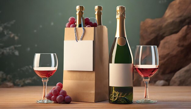 Photo 3d render mockup bottles of wine champagne with an empty label and paper bag with a place