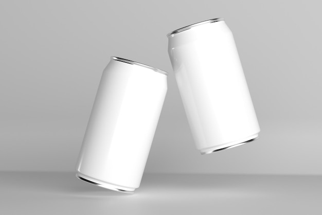 Photo 3d render mockup flying empty white tins for wine beer soft drinks