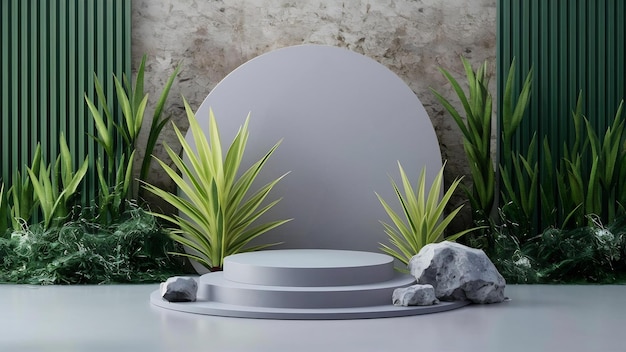 3d render mockup geometry podium gray scene with natural plant and rock background illustration