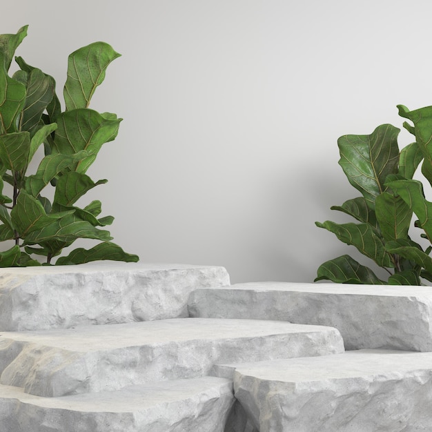 3D 렌더링 모형 단계 돌, 열대 식물 배경