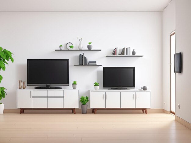 Photo 3d render mockup a tv wall mounted with decoration in living room