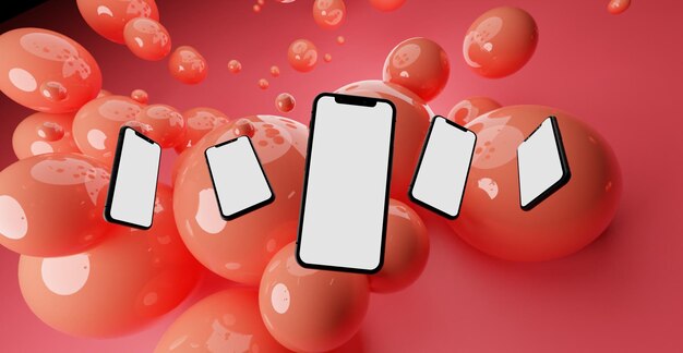 Foto 3d render mockup vari smartphone galleggianti con schermo bianco vuoto circondato da bolle rosse lucide. copia spazio per l'annuncio e l'aggiunta di immagini. tecnologia e concetti di social network. stile pop art