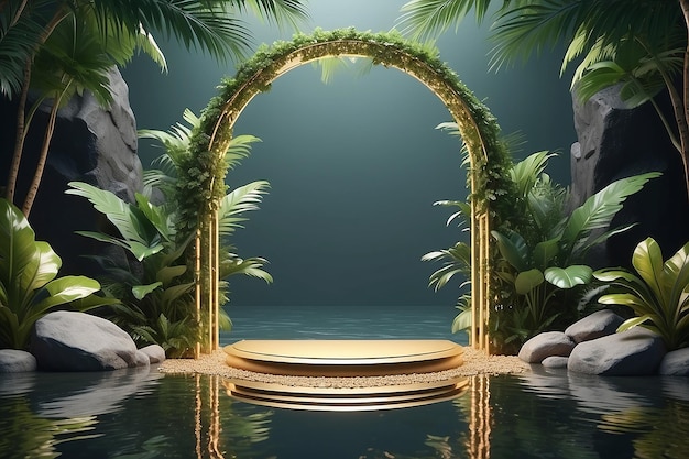 3d render modern background with tropical leaves empty rock podium cobblestones golden arch and reflection in the water Empty stage