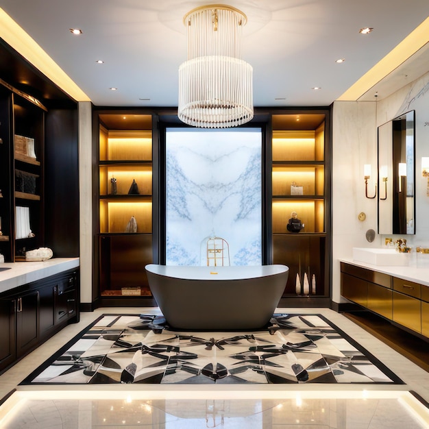 흑백 대리석과 목재로 된 현대적인 욕실의 3d 렌더링