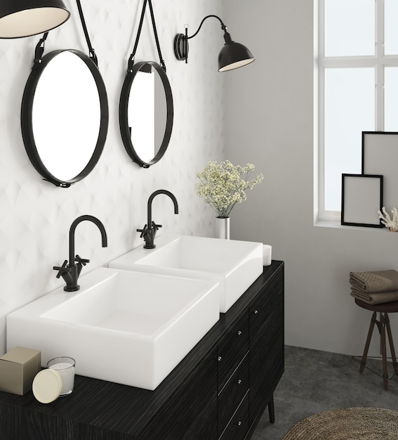 Photo 3d render of modern bathroom with white wall and dual sink tap and mirrors