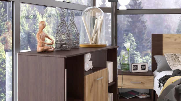 3d render modern bedroom interior wooden decoration