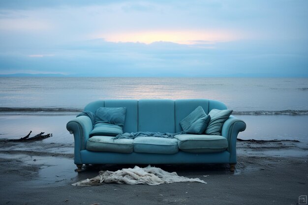 3D render modern blue sofa on the beach