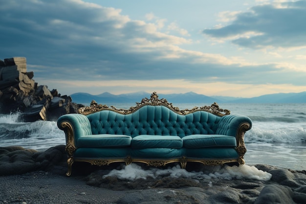 3D render modern blue sofa on the beach