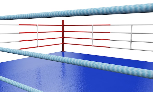 孤立した白いスタジオの背景に反対側の青と赤のコーナーを持つモダンなボクシングのリングの3Dレンダリング