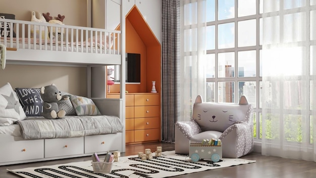 3d 렌더링 현대 어린이 방 침실 인테리어 장면