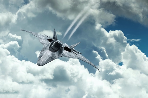 3D render of a Modern Combat 5th or 6th generation fighter aircraft against a blue sky Combat aviation Air Force new technologies photorealistic graphics mixed media