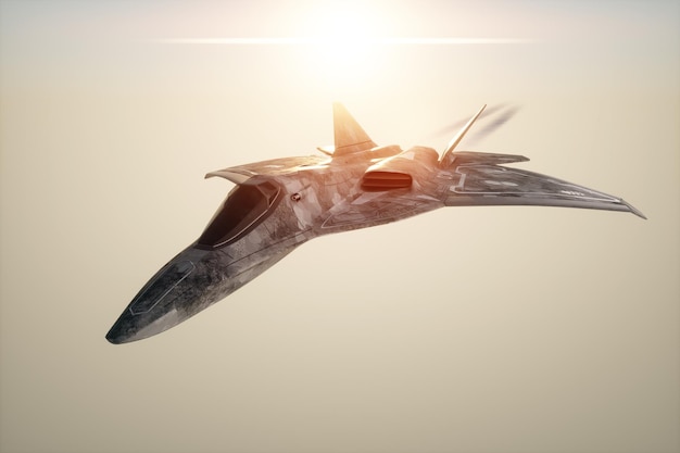 3D рендеринг современного боевого самолета истребитель 5-го или 6-го поколения в небе Боевая авиация ВВС новые технологии фотореалистичная графика смешанная техника 3D иллюстрация