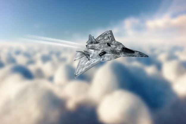 3D render of Modern Combat Aircraft 5th or 6th generation fighter in the sky Combat aviation Air Force new technologies photorealistic graphics mixed media 3D illustration