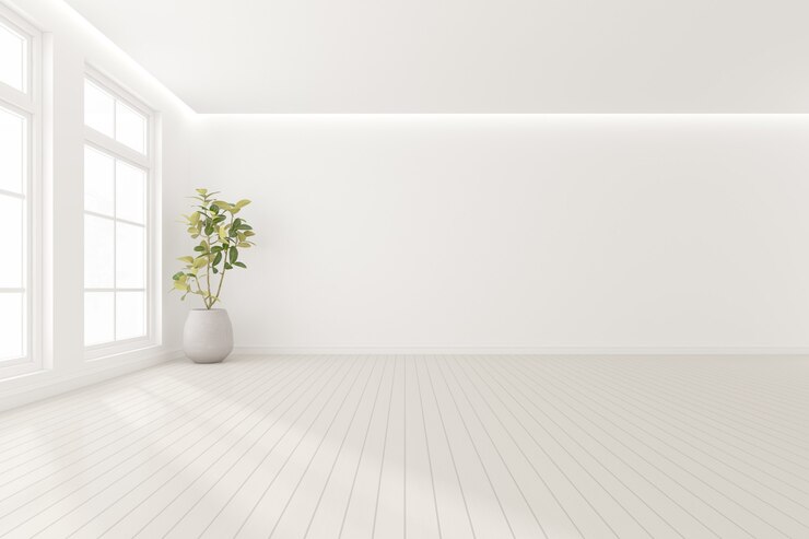 Photo 3d render of modern empty room with vase of plant on wooden floor.