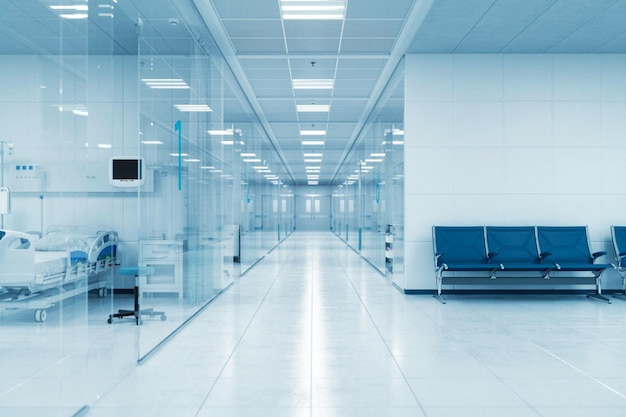 3D render of a modern hospital corridor featuring glasswalled rooms on the left On the right side