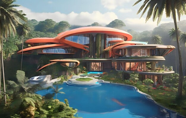 3D render of a modern house in the jungle with a swimming pool